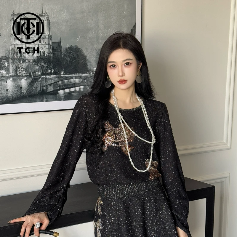 TCH现货私服烫钻工艺时尚圆领打底针织衫女T75A09E5018轻奢tch