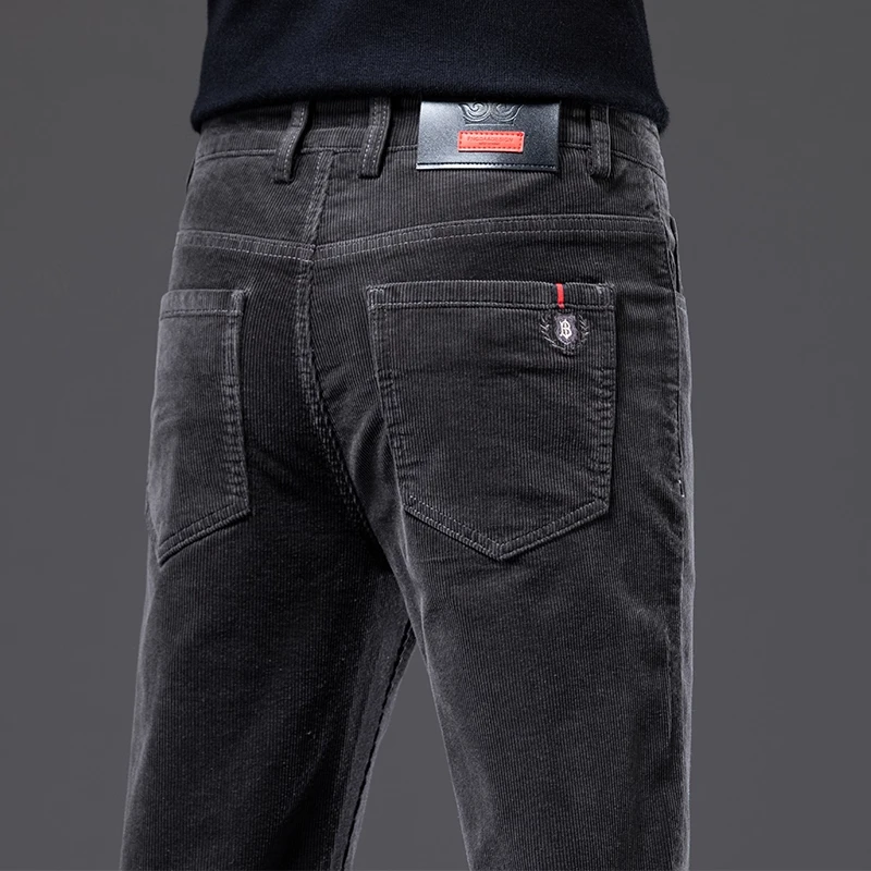 香港高端灯芯绒休闲裤男士秋冬季修身直筒弹力百搭中年商务长裤子