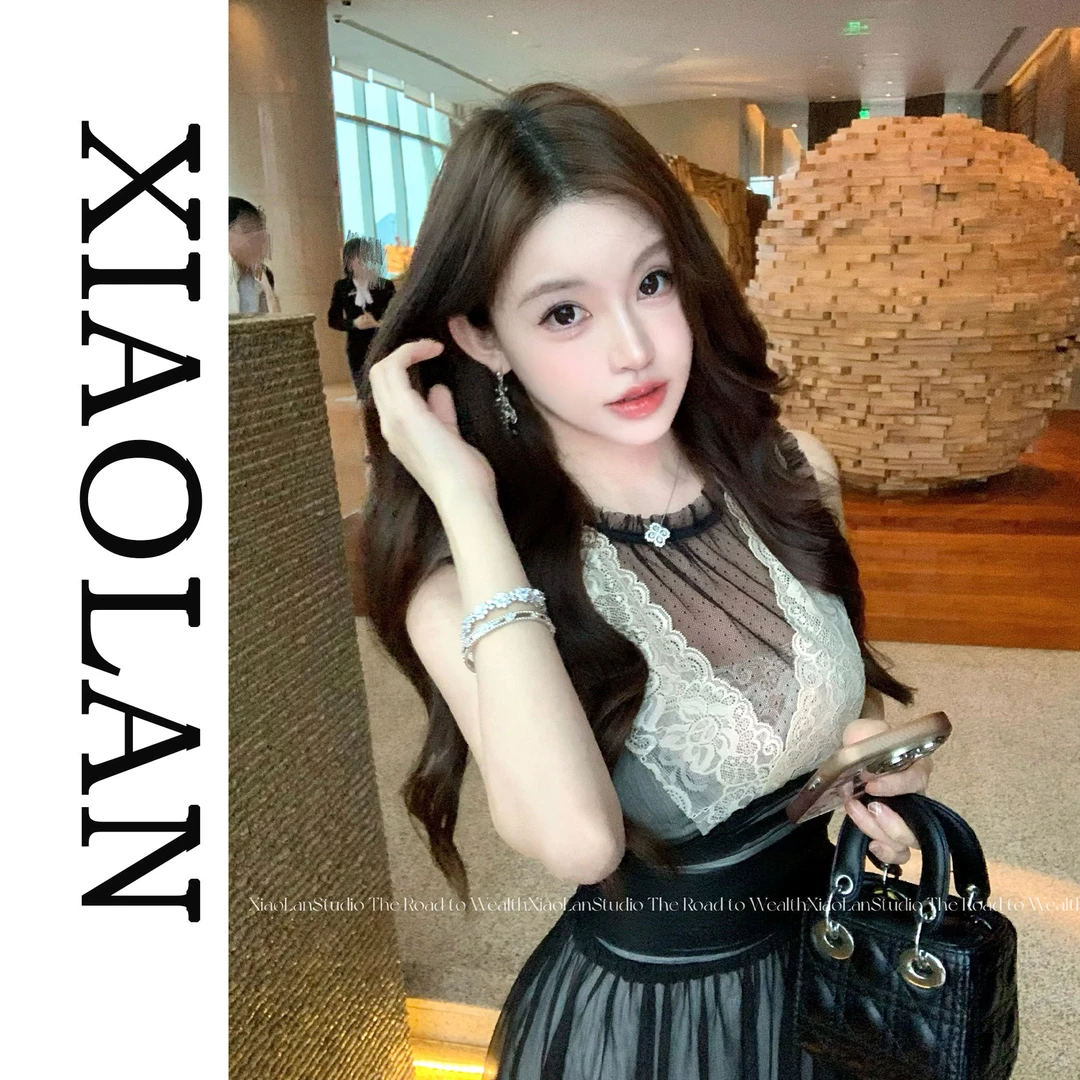 小岚同学「夜幕庄园」短袖蕾丝显瘦气质小众夏季重工法式设计连衣裙