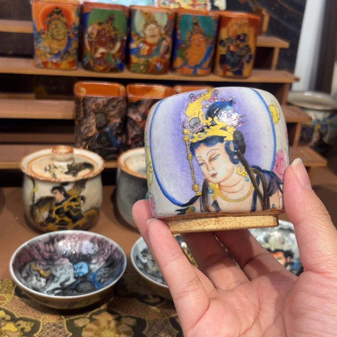 手工手绘水月观音茶杯