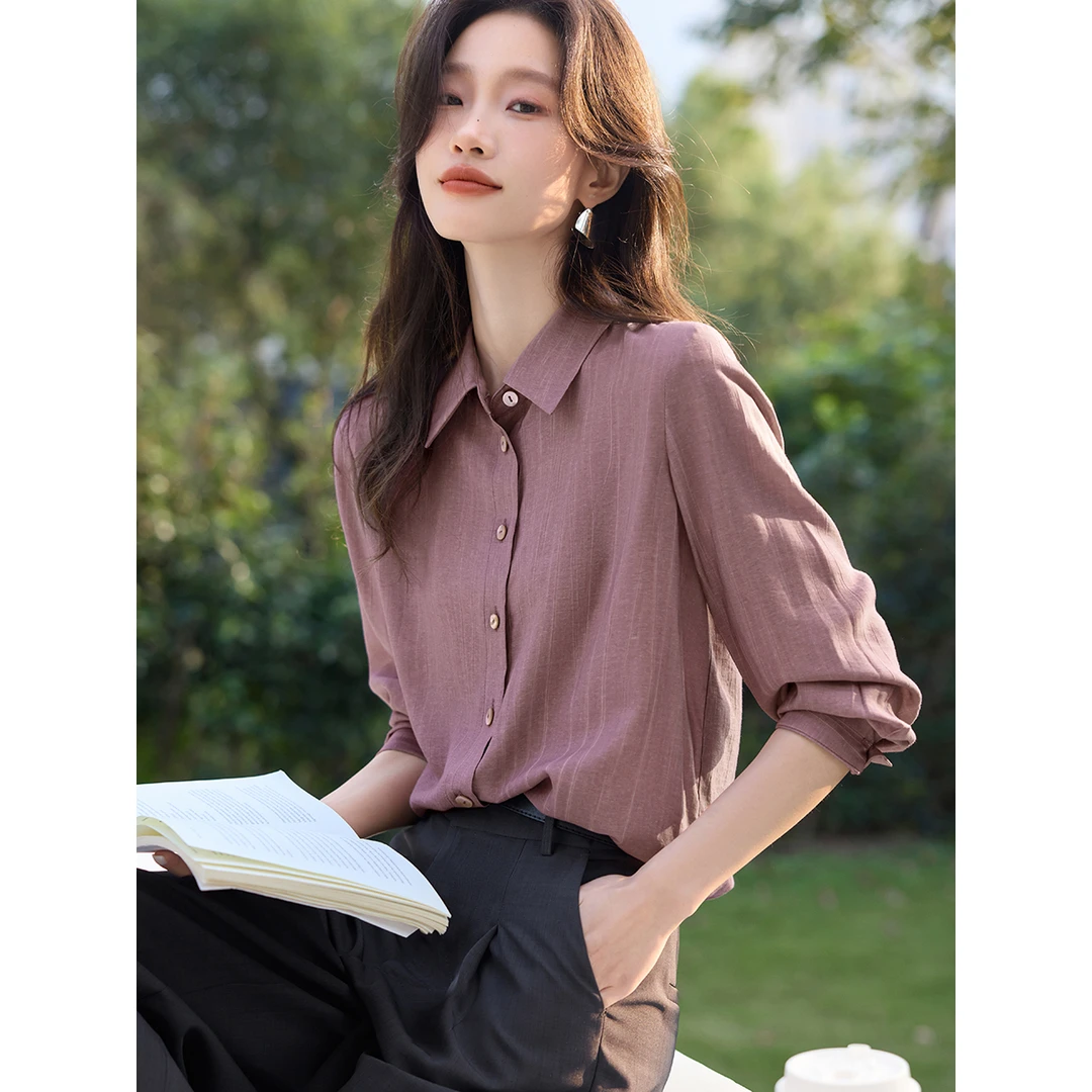 沫晗依美晕染渐变正肩显瘦衬衫2025秋季新款时髦柔软精致紫色衬衫