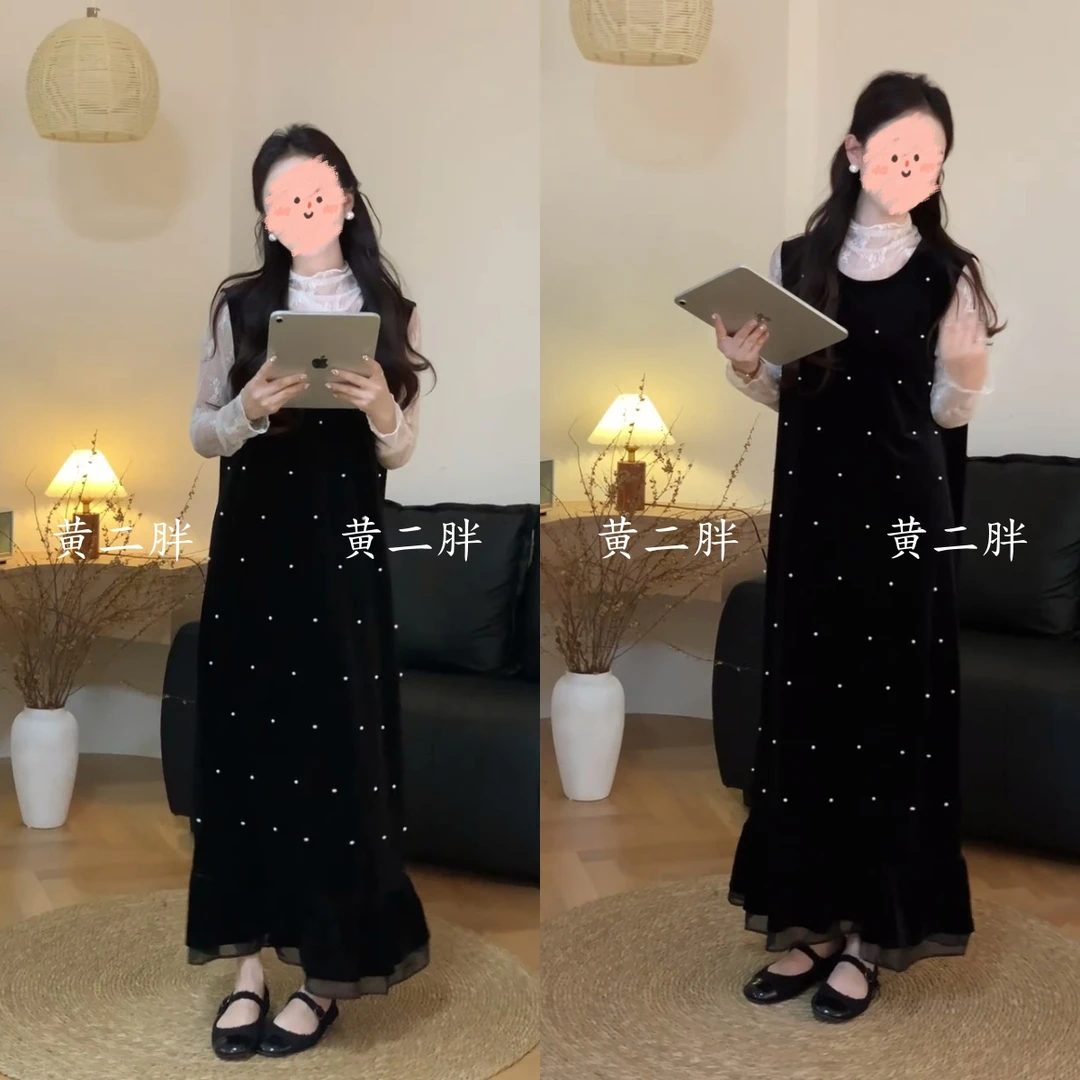 2025秋季新款法式气质圆领钉珠丝绒无袖连衣裙女长裙子+内搭套装