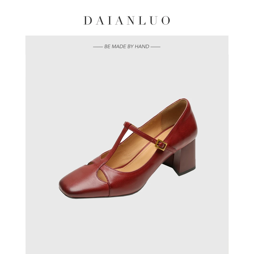 【跟高6cm】春季简约法式单鞋一字带玛丽珍高跟鞋方头粗跟百搭皮鞋