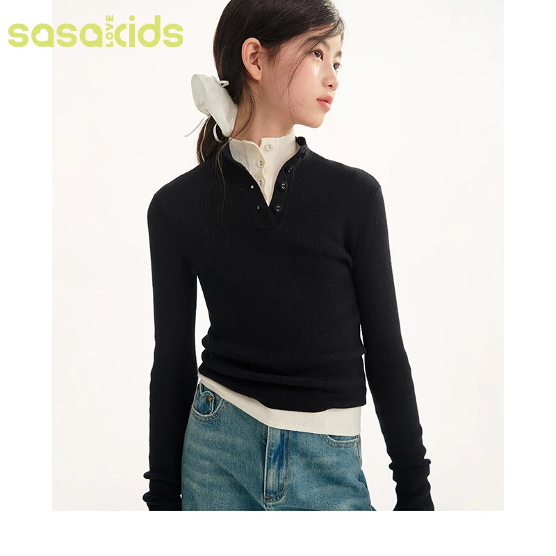 sasakids 经典百搭黑白双色中高领气质显瘦休闲保暖毛衣打底衫