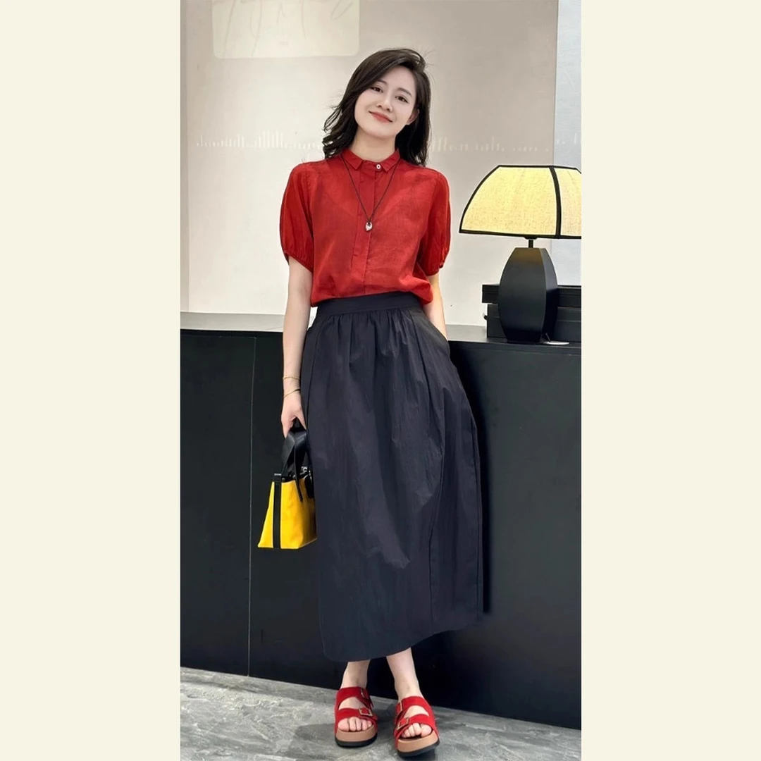 2025夏季新款漂亮减龄洋气红色宽松短袖衬衫休闲宽松半身裙套装女