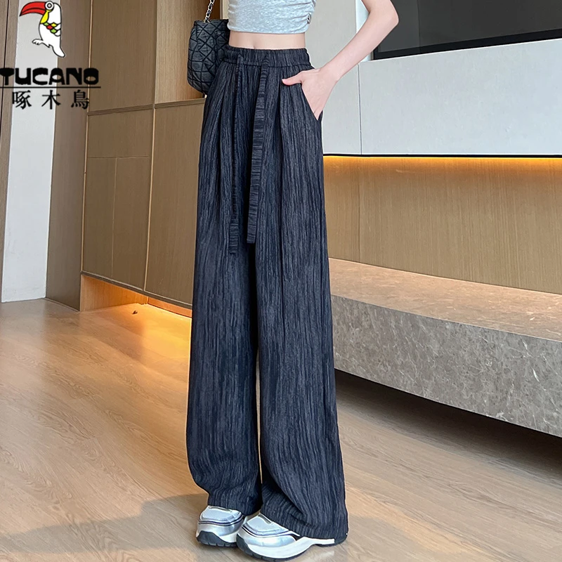 啄木鸟阔腿裤女2025夏季新款宽松透气长裤时尚洋气弹力直筒休闲裤