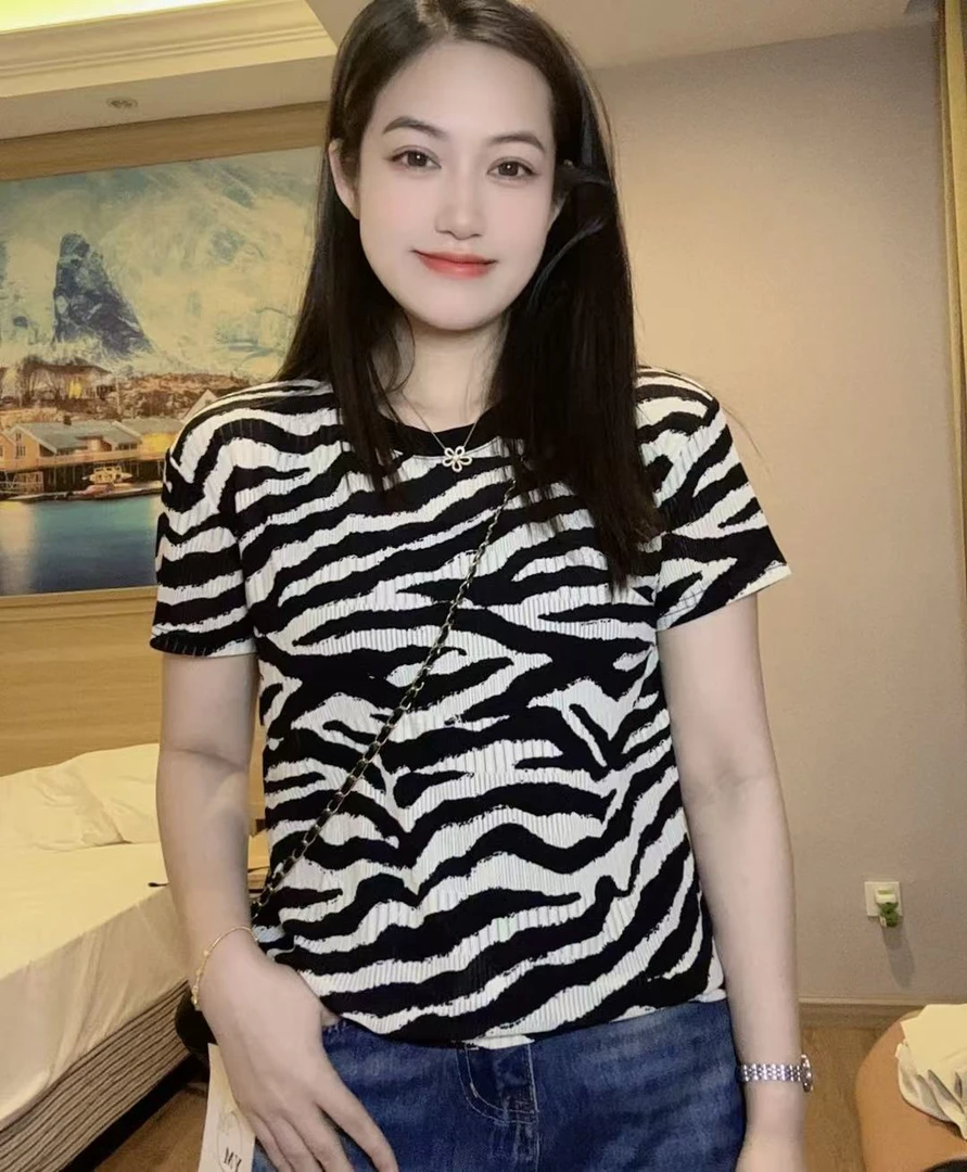 3027新款复古拼色斑马纹冰丝休闲百搭圆领短袖