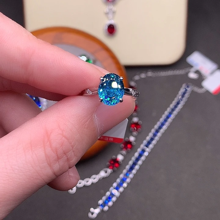 戒指银S925镶嵌帕拉依巴碧玺蓝