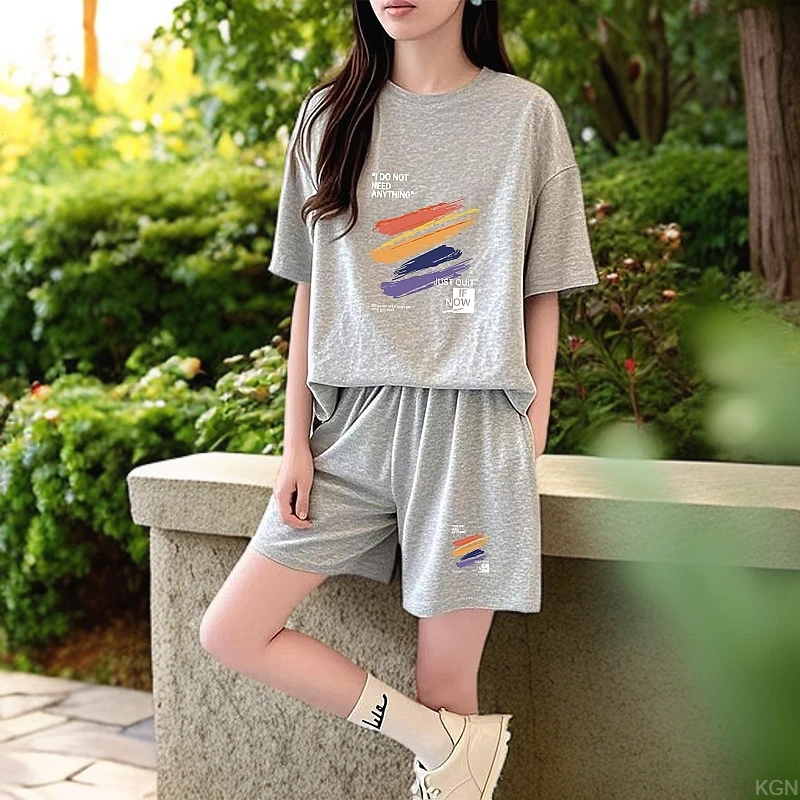 韩版运动短裤套装宽松休闲夏季女装新款大码显瘦短袖短裤两件套潮