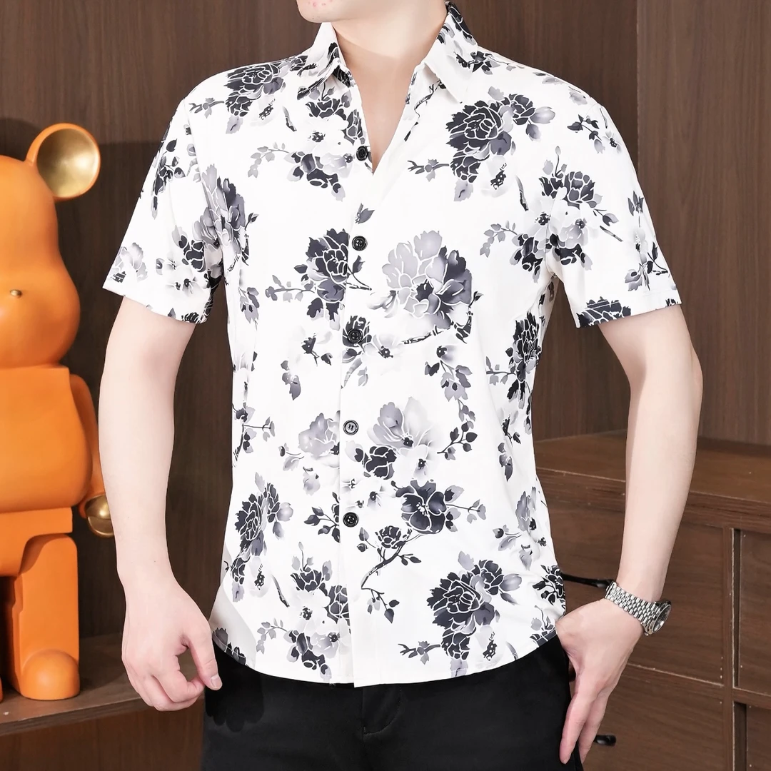 夏季印花短袖休闲印花短袖衬衫男士时尚薄款潮流修身帅气韩版