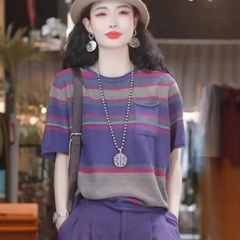 2025夏季新款女士条纹圆领短袖T恤韩版小众宽松正肩减龄针织上衣