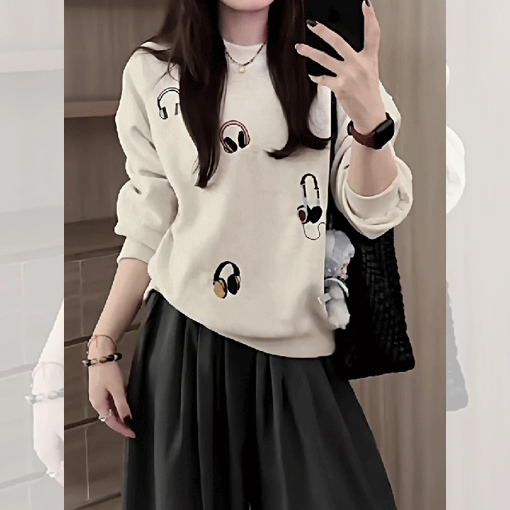 慵懒宽松百搭上衣秋季新款胖MM大码女装韩版减龄印花圆领长袖卫衣