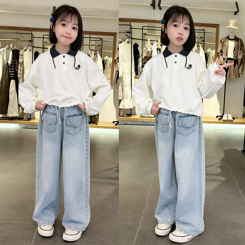 女童套装秋装2025新款洋气儿童装中大童春秋时髦卫衣牛仔裤两件套