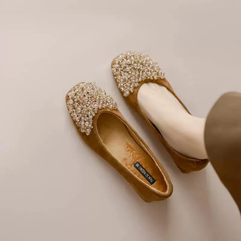 冬季中口方头水钻浅口单鞋百搭春秋奶奶鞋瓢鞋春季跟鞋