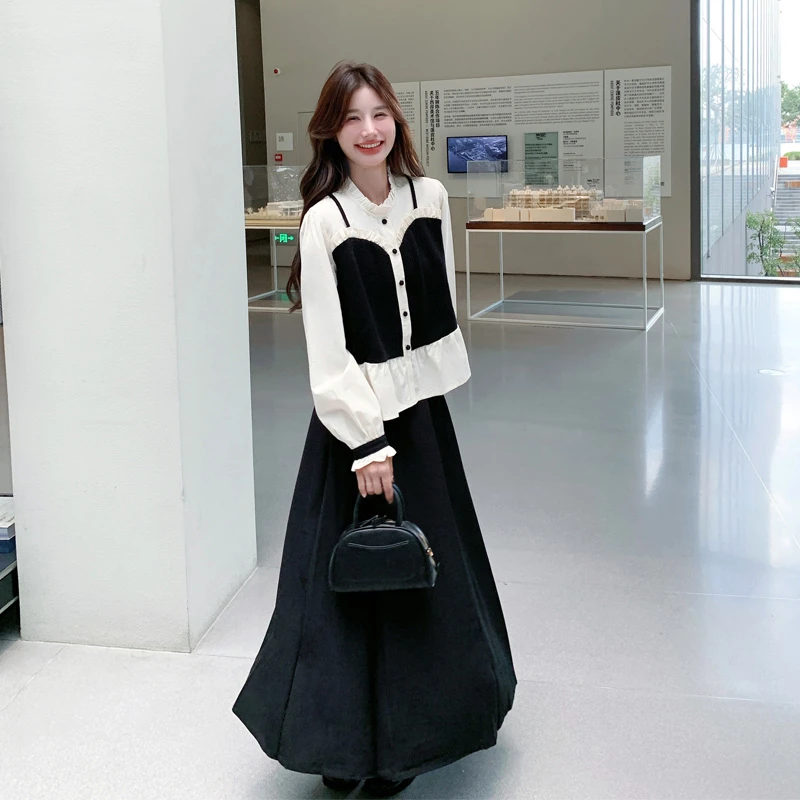 法式复古套装裙女2025春秋新款假两件显瘦木耳边衬衫半身裙两件套