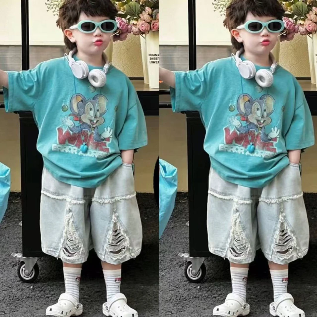 男童夏季短袖2025新款男孩夏季套装韩版宝宝衣服夏季薄款潮牌童装