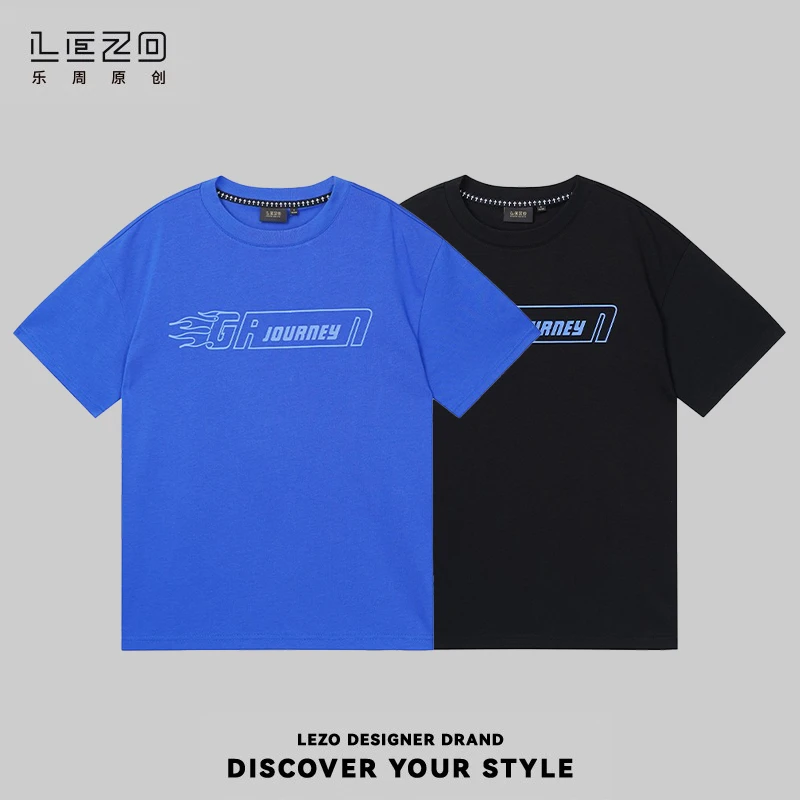 LEZO乐周原创 夏季字母时尚短袖T恤微落肩版 924201820宝蓝色黑色