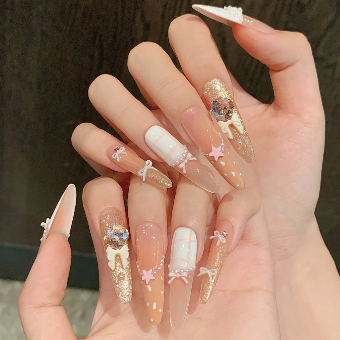 【甜心蝴蝶结】235短甲小熊格子少女感显白美甲高级手工穿戴甲裸色