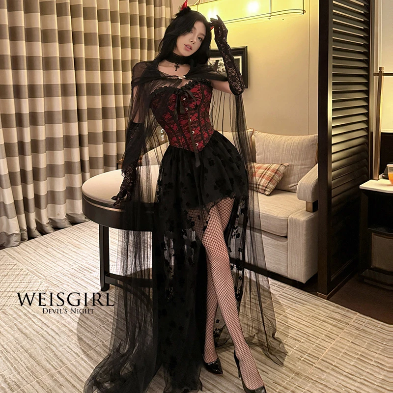 Weisgirl黑涩会抹胸马甲半裙气质御姐长裙四季万圣节服装蕾丝套装