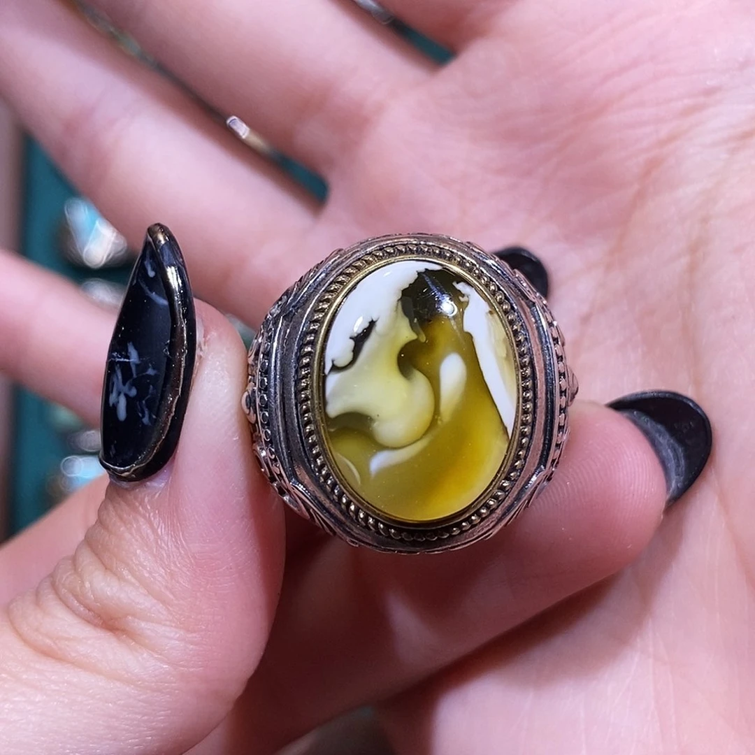 琥珀银S925镶嵌戒指黑*