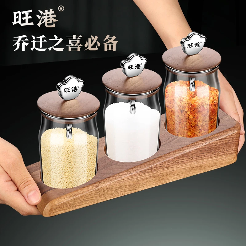 高端调料盒勺盖一体味精佐料分装瓶密封带勺家用玻璃厨房盐罐