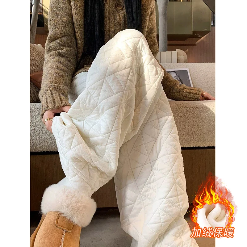 孕妇装秋装2025新款秋冬外穿宽松加绒加厚休闲运动直筒夹棉阔腿裤