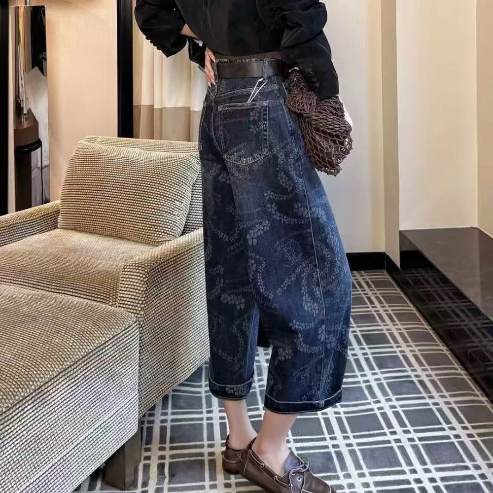 1036欧货小个子阔腿裤印花牛仔裤女九分直筒裤2025秋冬流行爆款八