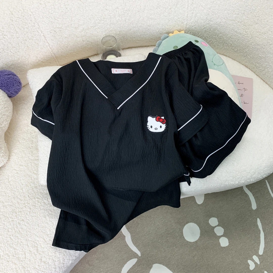 韩版睡衣女款短袖短裤夏季薄款可爱卡通黑色kt猫夏天家居服套装
