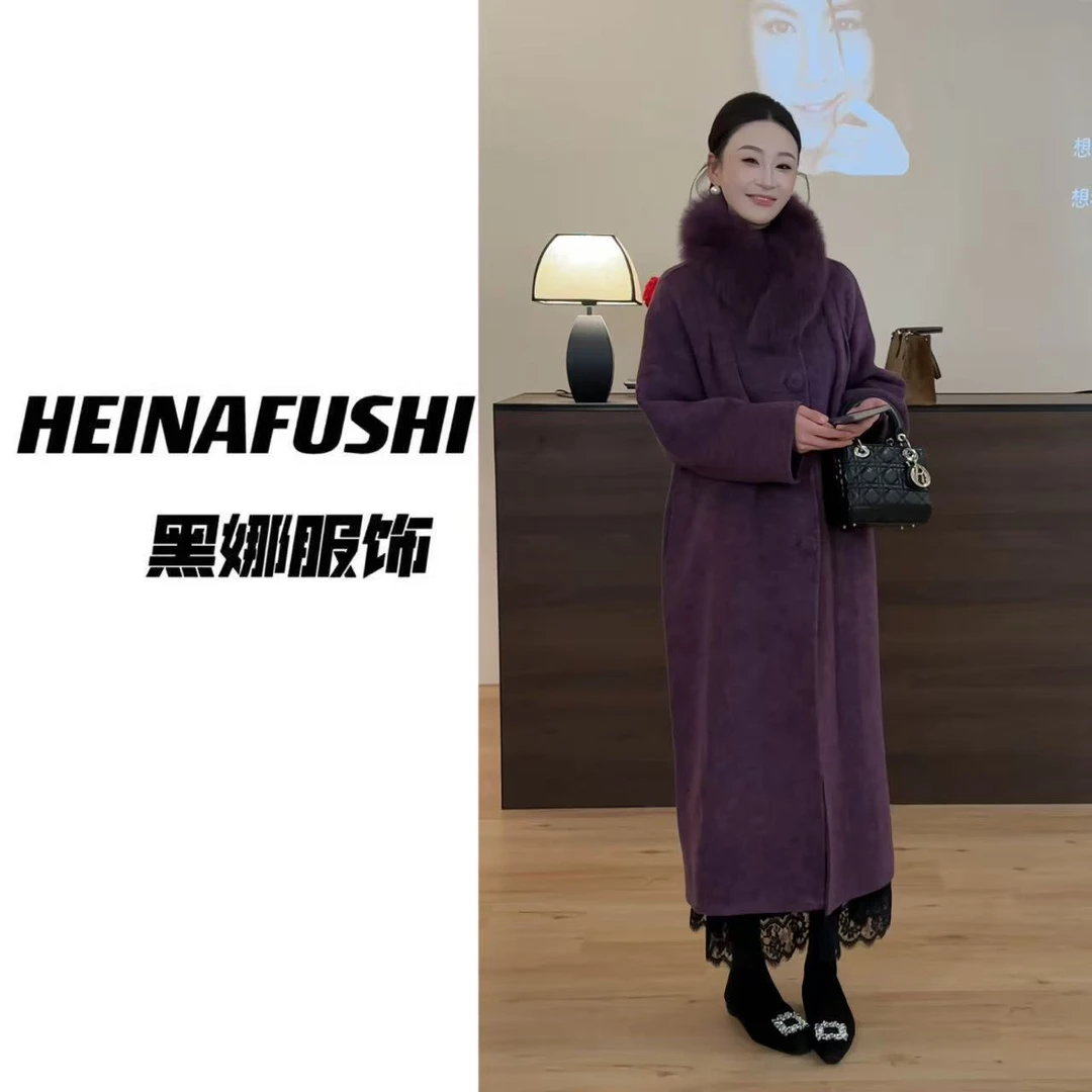 HEINA 【富家千金】圆领狐狸毛围脖羊毛大衣5060