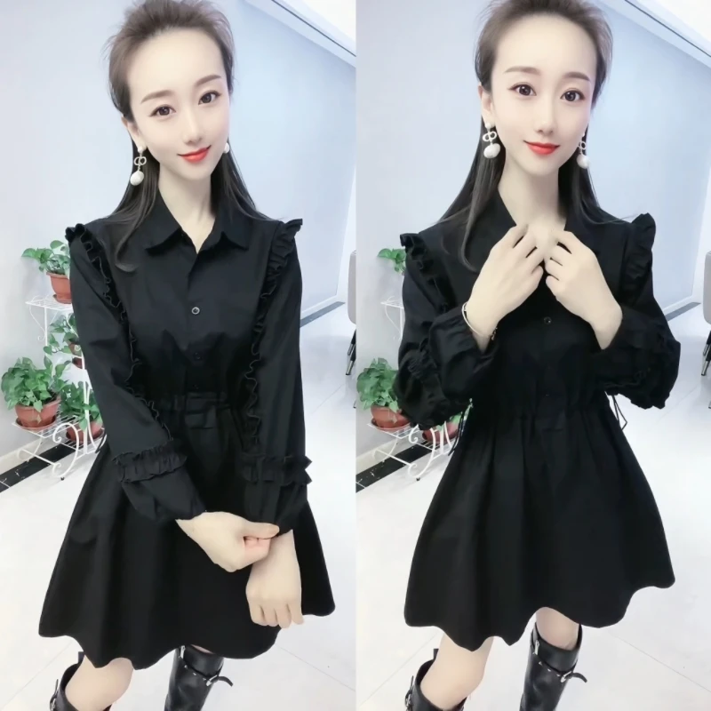 法式名媛气质秋冬木耳边半开领收腰显瘦长袖中长款衬衫连衣裙女