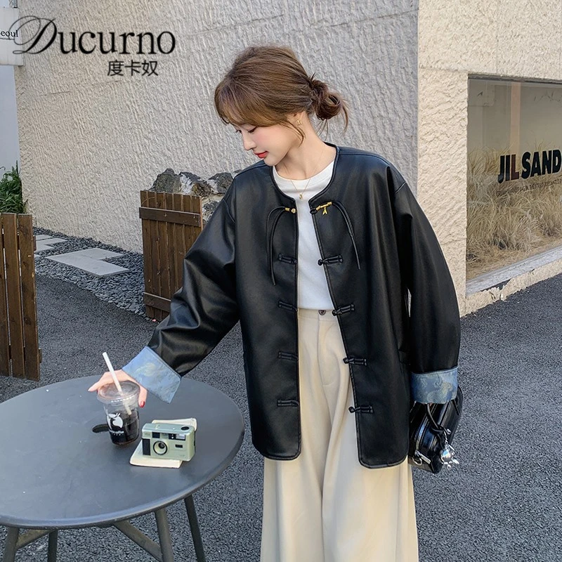 黑色新中式皮衣外套女2025新款秋季宽松高级感复古盘扣气质皮夹克