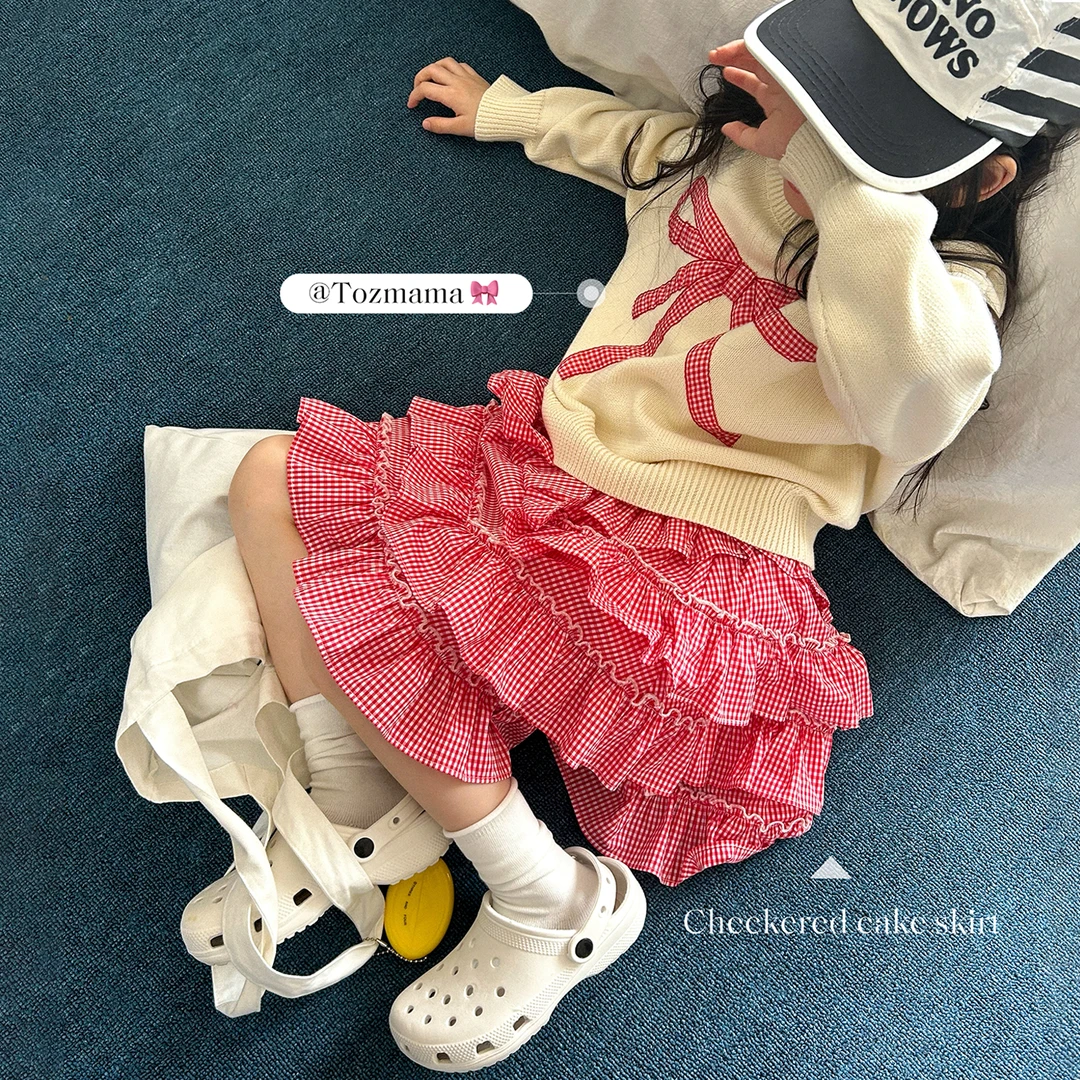 豆几妈 8/18儿童秋装韩系格纹蝴蝶结毛衣+女童红格子蛋糕半身裙