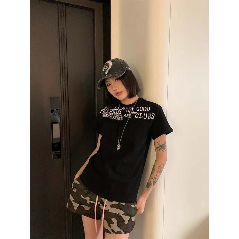 艺尙夏季美式复古字母印花短袖T恤男女宽松休闲百搭上衣显瘦潮流