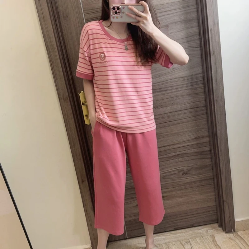 【带胸垫】100%纯棉夏季女士睡衣短袖七分裤舒适可外穿休闲家居服