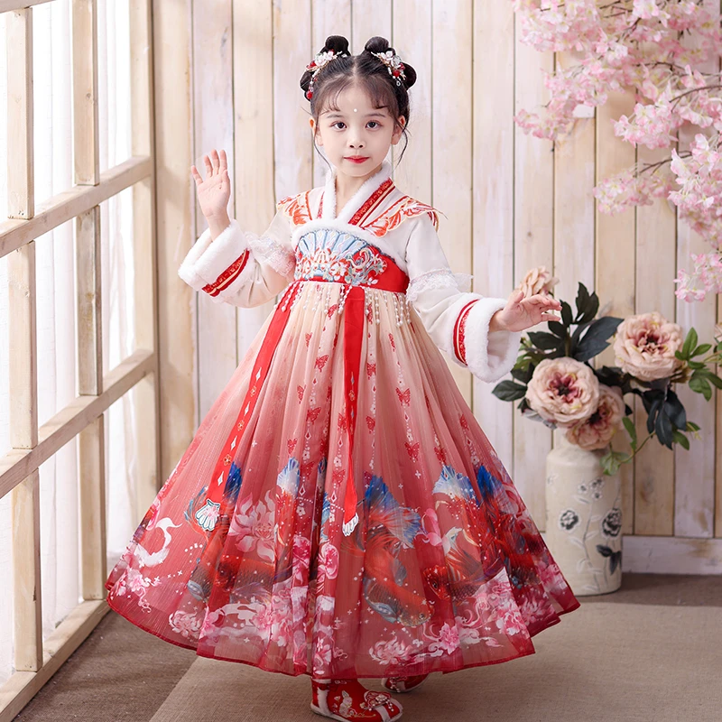 女童汉服加绒加厚冬季连衣裙儿童中国风长袖拜年服小女孩古风唐装