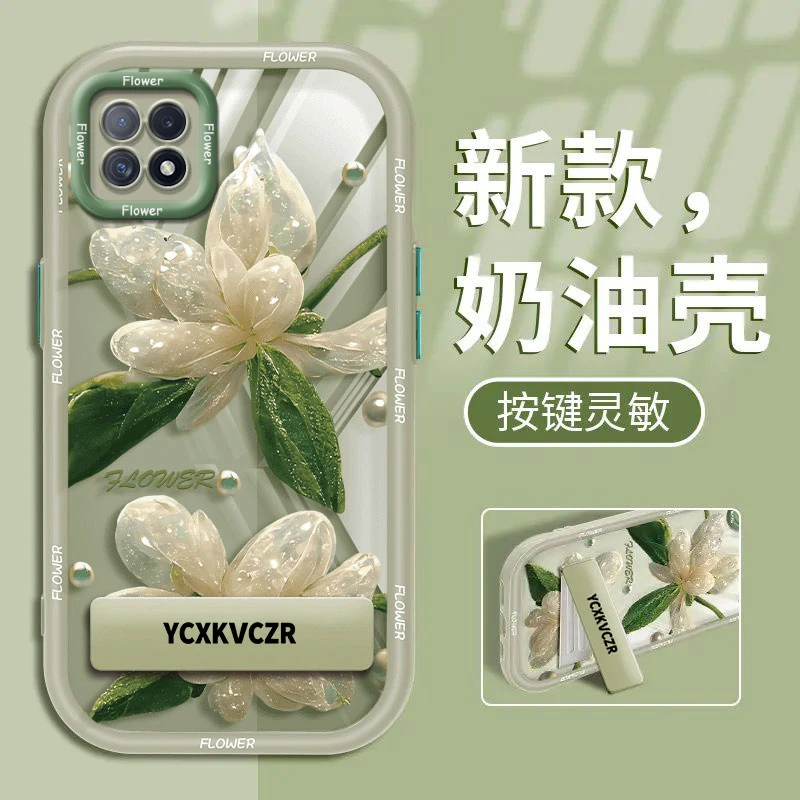 适用于OPPO A72-5G手机壳绿叶仿真花实色奶油壳硅胶全包防摔女