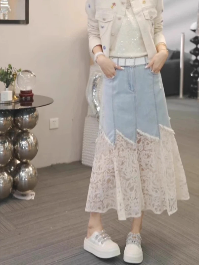 2025夏季新款气质百搭显瘦牛仔拼接蕾丝高腰A字裙女中长款半身裙