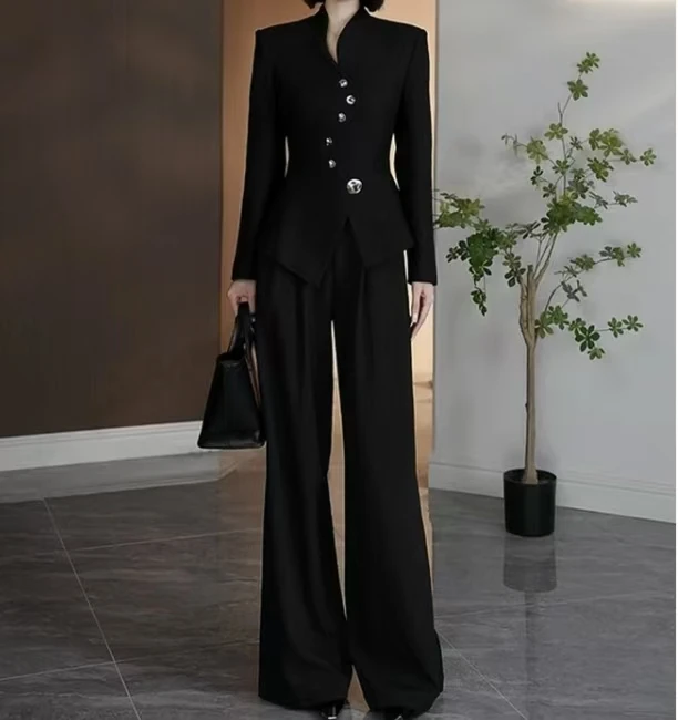 OUPAN 欧盼 深圳南油原创 秋冬黑色收腰西装外套阔腿裤两件套964