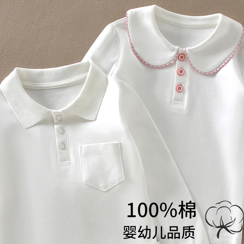 儿童春秋纯色polo衫翻领打底衫女童纯棉白衬衫中大童长袖T恤上衣