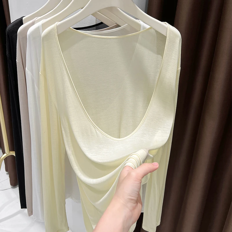 奶黄色宽松薄款低领长袖T恤夏季新款针织上衣配吊带时尚防晒罩衫
