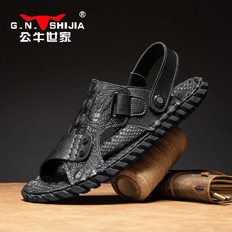 公牛世家夏季凉鞋男户外防滑耐磨罗马皮凉鞋开车真皮两用手工凉拖