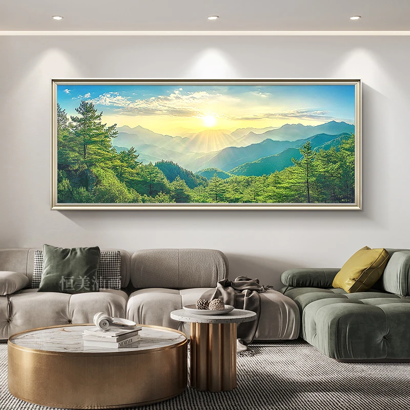旭日东升丨客厅东墙挂画高端风景手绘油画日出东方背有靠山装饰画