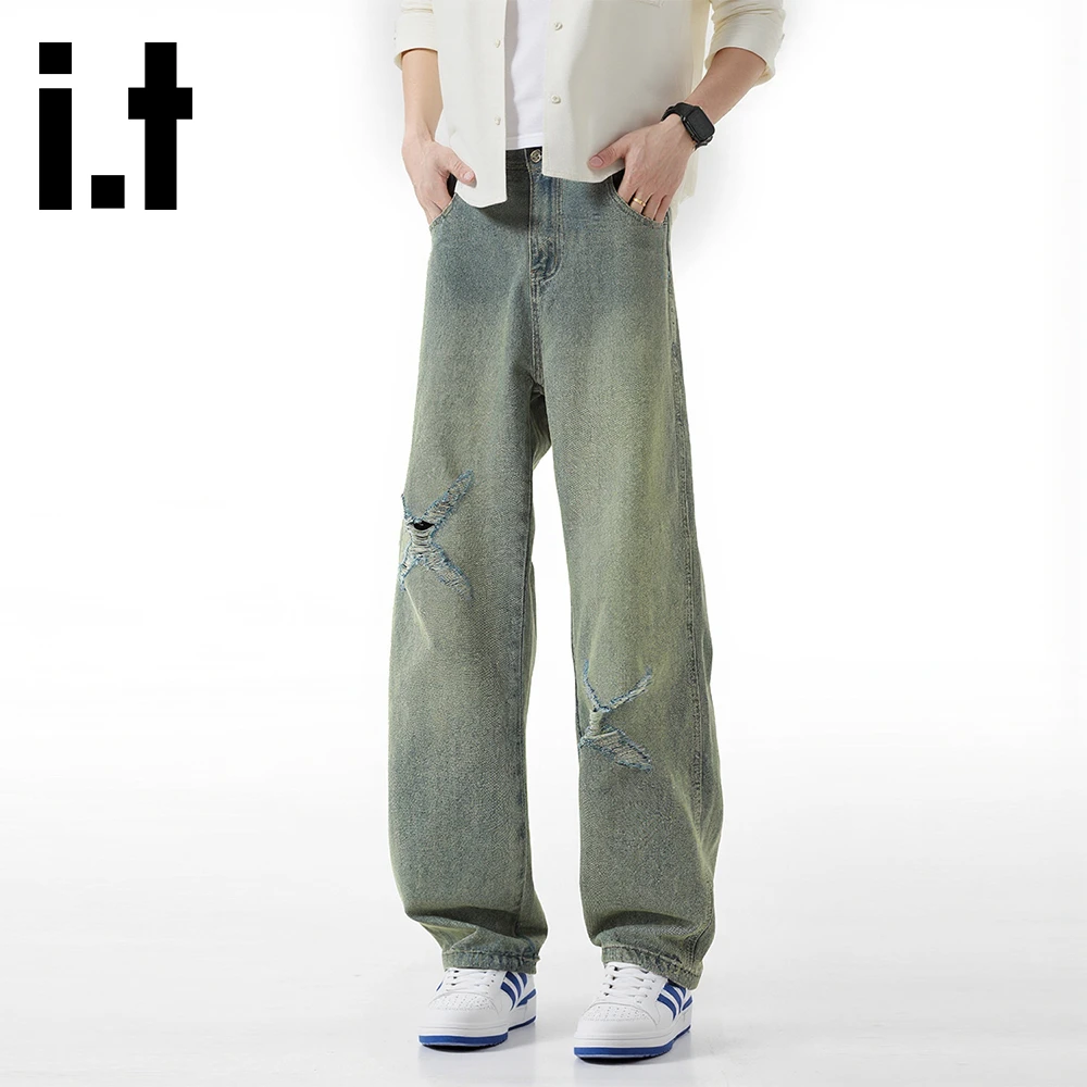 it:CHOCOOLATE美式复古做旧个性破洞牛仔裤男秋季新款工装休闲裤