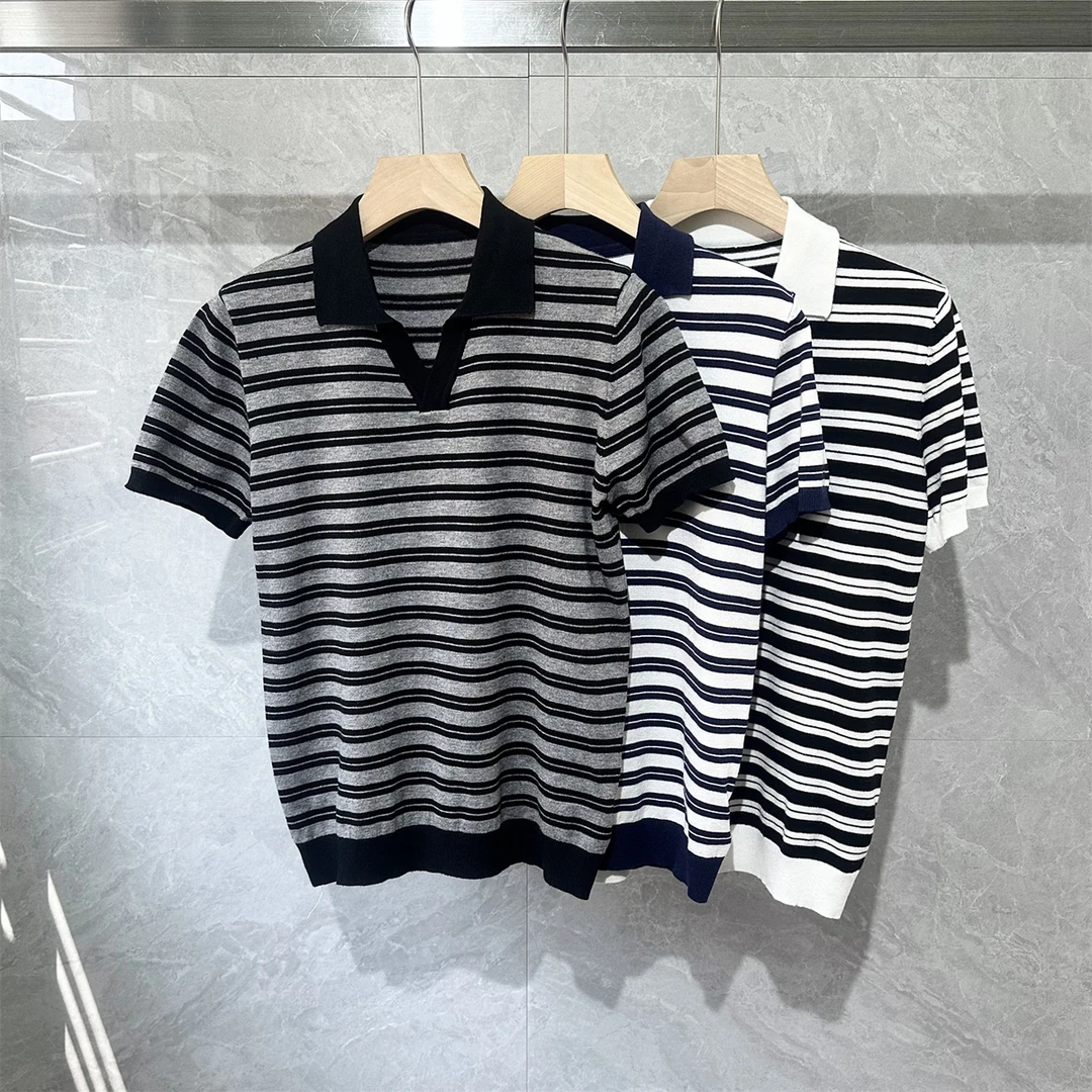 DeweLvum薄款透气休闲撞色条纹时尚修身翻领针织POLO衫短袖T恤男