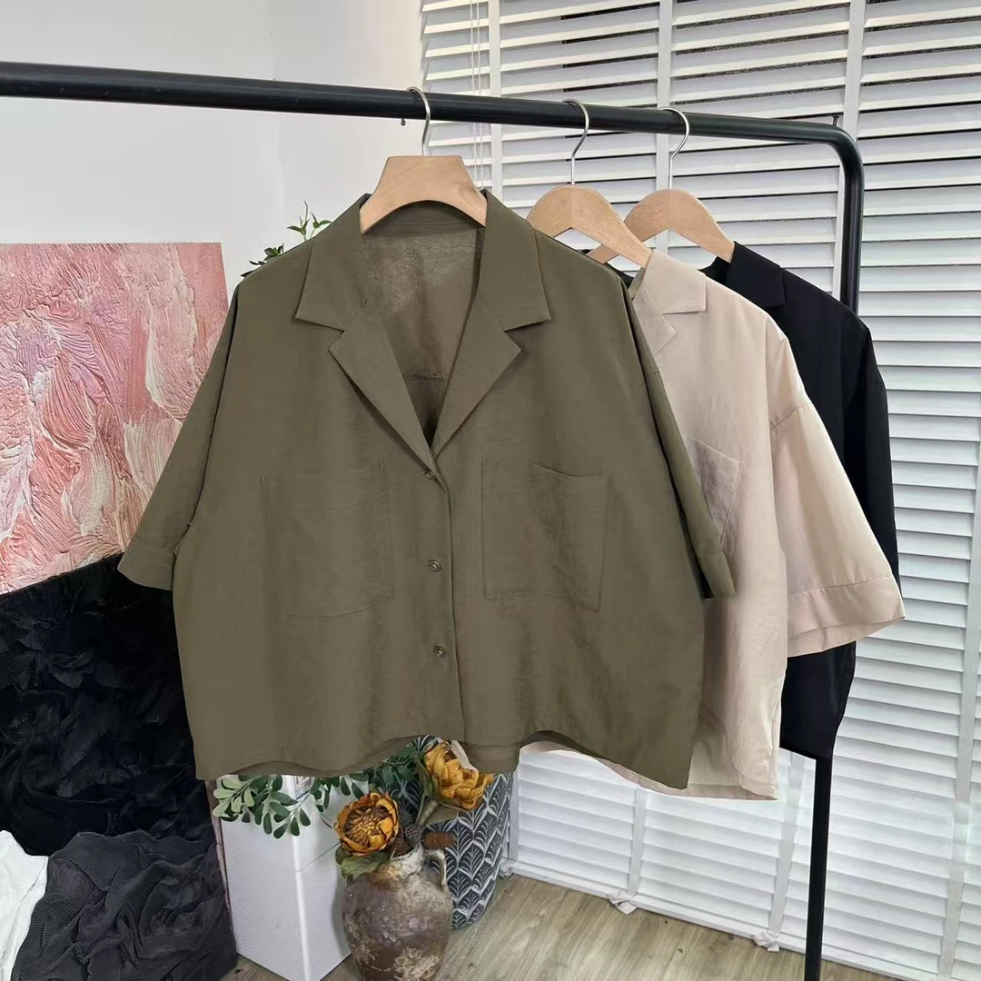 休闲百搭「宽松品质翻领」短袖单排扣衬衫女E5956