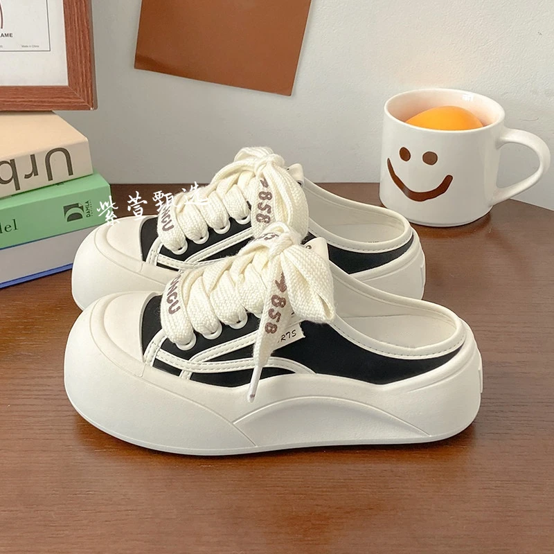 爆款厚底包头半拖鞋女鞋2025夏季新款百搭凉拖外穿增高休闲小白鞋