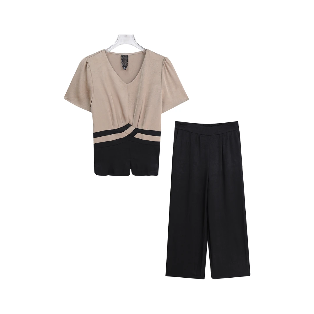 夏季v领短袖拼接上衣休闲裤套装A14355