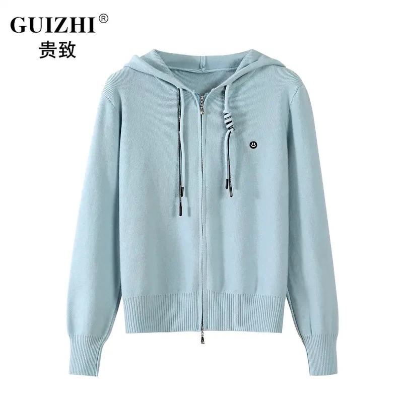 纯色笑脸双拉链连帽针织开衫女2025秋装上新软糯休闲时尚毛衣上衣