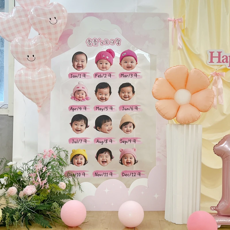 男女宝宝韩式生日派对装扮简约背景布氛围定制头像透明照片墙布置