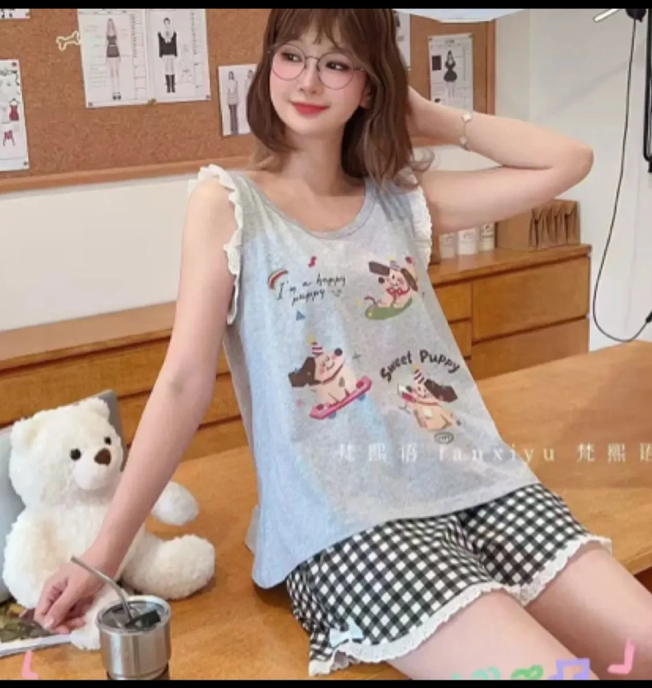 夏季甜美蕾丝边女士睡衣套装宽松减龄家居服套装时尚圆领上衣短裤